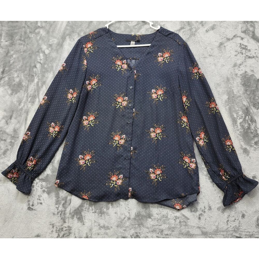 T Tahari Top Womens L Gray‎ Floral Polka Dot V-Neck Button Front Long Sleeve